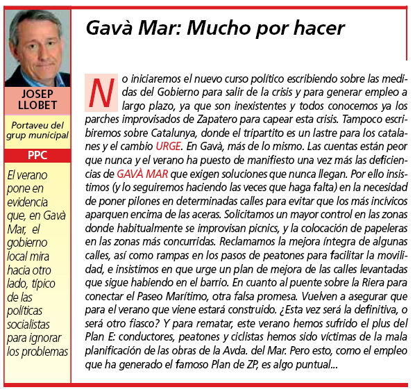 Article d'opini de Josep Llobet (Regidor del PPC de Gav) sobre les mancances de Gav Mar publicat a l'edici impressa del BRUGUERS (18 de Setembre de 2009)